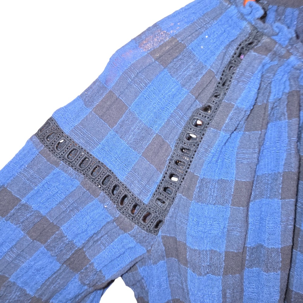 Free People Honey Grove Blouse Womens M Blue Plaid Tassel Boho Eyelet Top - Picture 4 of 10